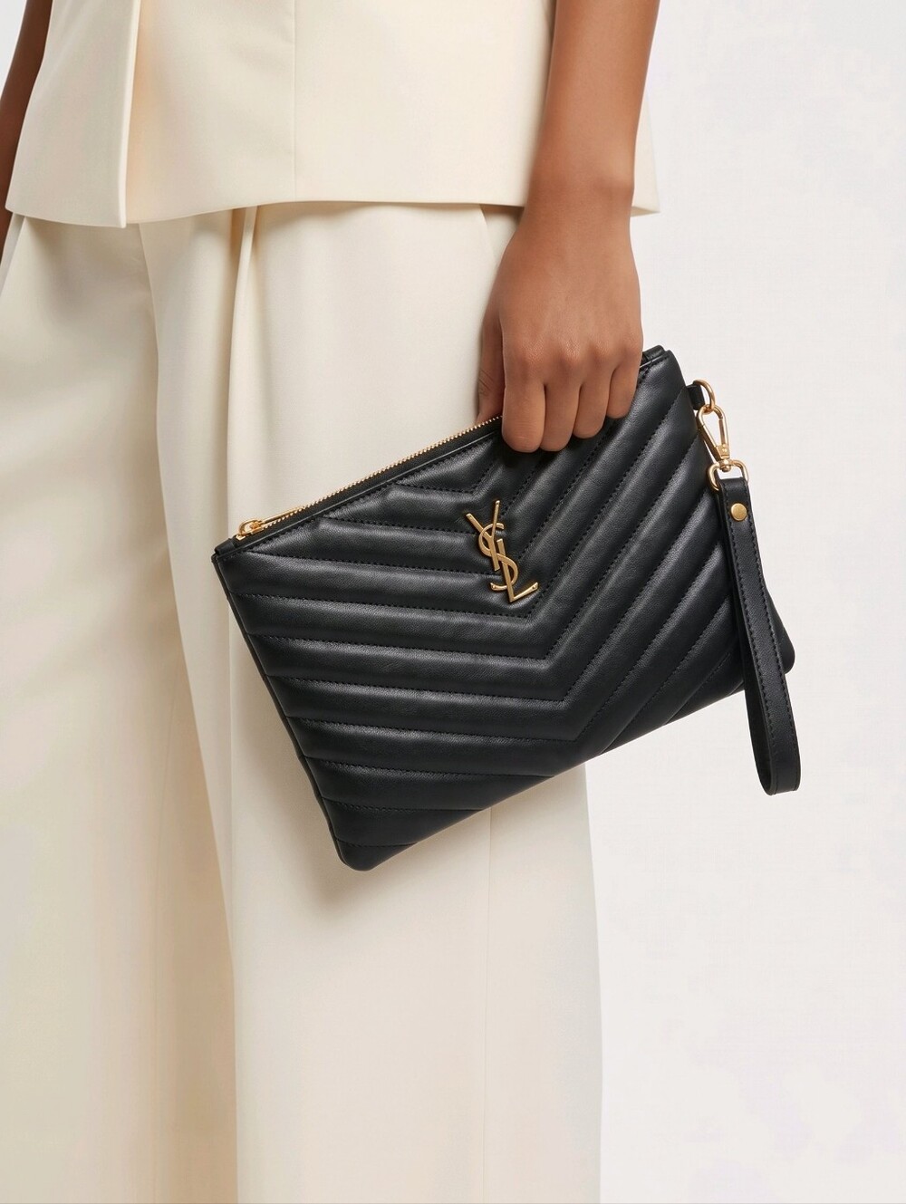 Black Quilted Wrist Strap Clutch with Gold Logo